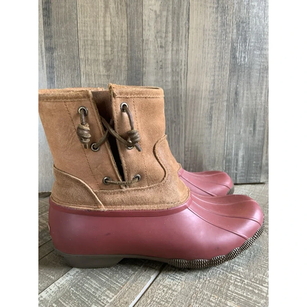 Sperry‎ Saltwater Women's Rain Duck Boots Tan Burgundy Side Zipper Size 9.5